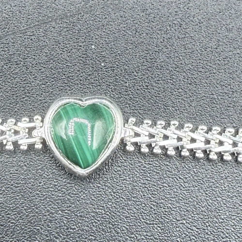 925 Sterling Silver Malachite Heart Link Chain Bracelet 8